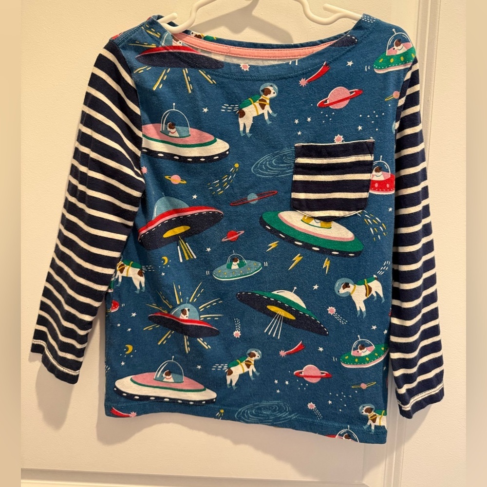 Mini Boden Long Sleeve striped space dogs pocket t shirt 5/6